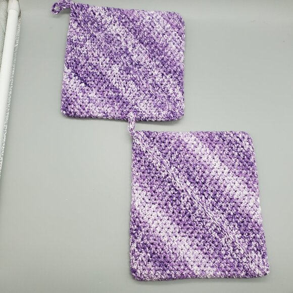 Handmade Crochet Purple/White Potholder Set Double Thickness - Picture 2 of 10